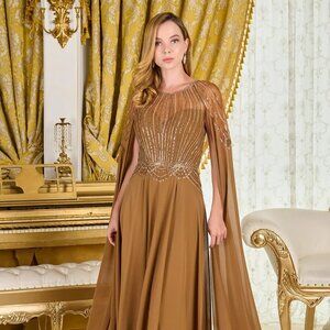 New A-Line Soft Chiffon Beaded Mother Of Bride Gown w/ Cape Sleeves GL3785
